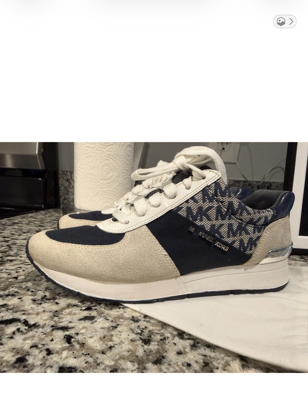 Navy,white and light gray Michael Kors Men's Navy and Cream MK Monogram Sneakers